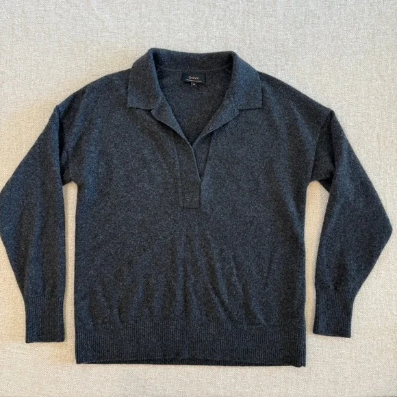 Quince Mongolian Cashmere Polo Sweater Charcoal Grey V-Neck Womens Medium - Picture 4 of 9